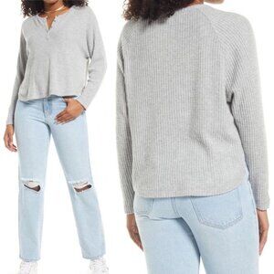 NEW Nordstrom Oversized Waffle Knit Snap Henley Long Sleeve Heather Grey Size XS